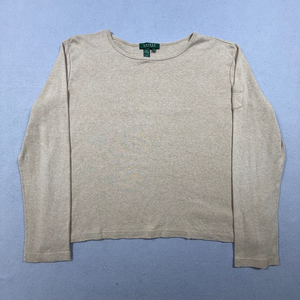 Lauren Ralph Lauren Tan Beige Cotton Ribbed Long Sleeve Scoop Neck Top XL - Picture 2 of 6